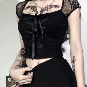 Cap Sleeve Lace Up Crop Top